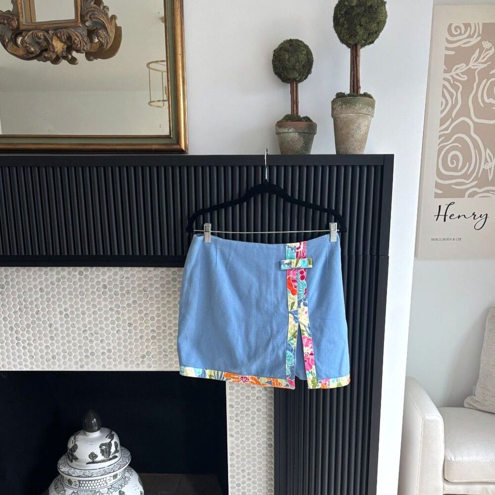 Willi Smith Vintage Blue Cotton Skort 14 Floral Trim Retro Mini Shorts Skirt 90s - Picture 2 of 5